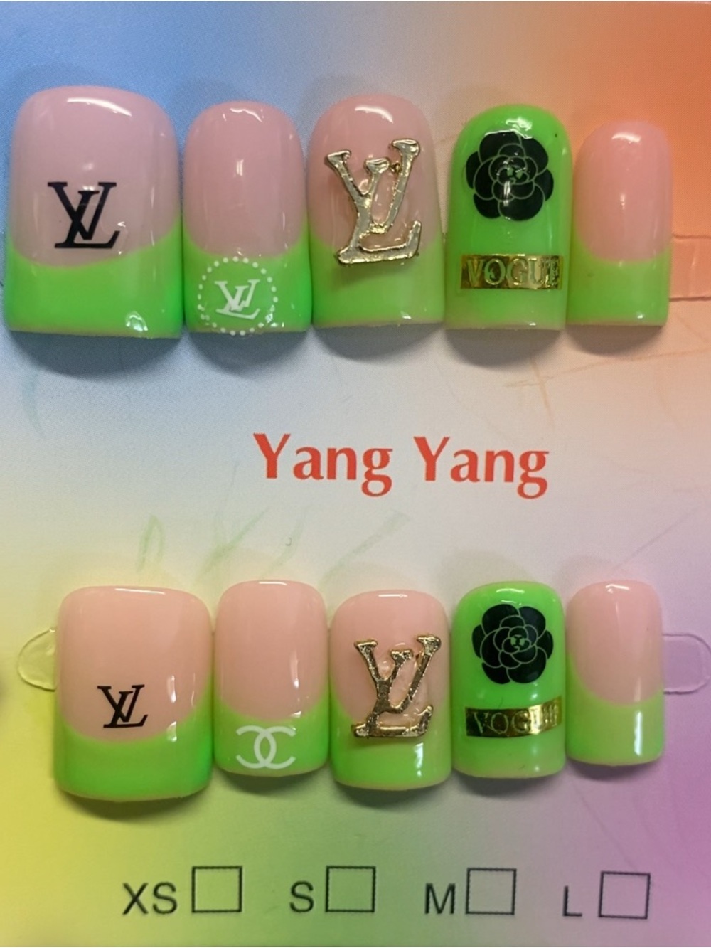 LV & Chanel Accent Press-On Nails in Pink and Neon Green and magnetic eyelashes